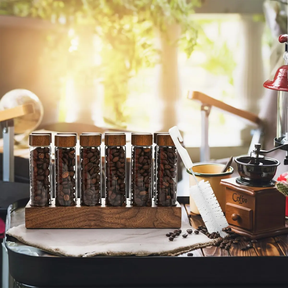 Goaste 12 Pack Borosilicate Glass Coffee Bean Storage Tubes with Walnut Stand & Brush | 33ml (1.1 Fl Oz) Each - view 9