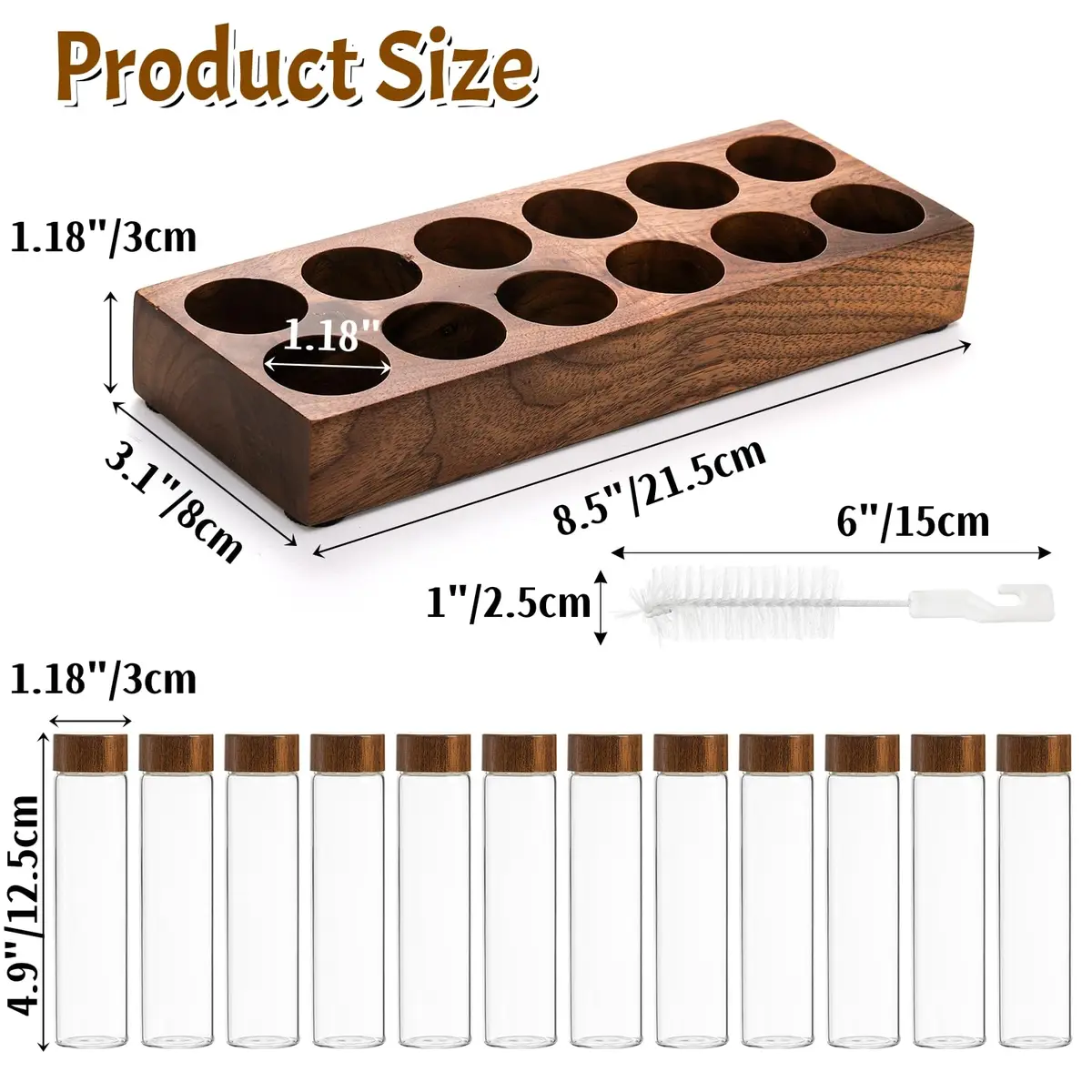 Goaste 12 Pack Borosilicate Glass Coffee Bean Storage Tubes with Walnut Stand & Brush | 33ml (1.1 Fl Oz) Each - view 2