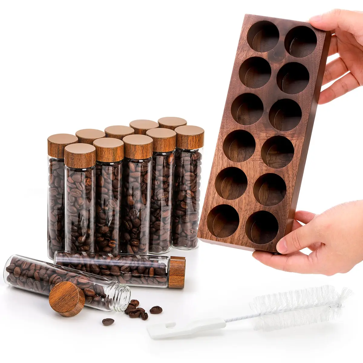 Goaste 12 Pack Borosilicate Glass Coffee Bean Storage Tubes with Walnut Stand & Brush | 33ml (1.1 Fl Oz) Each - view 3