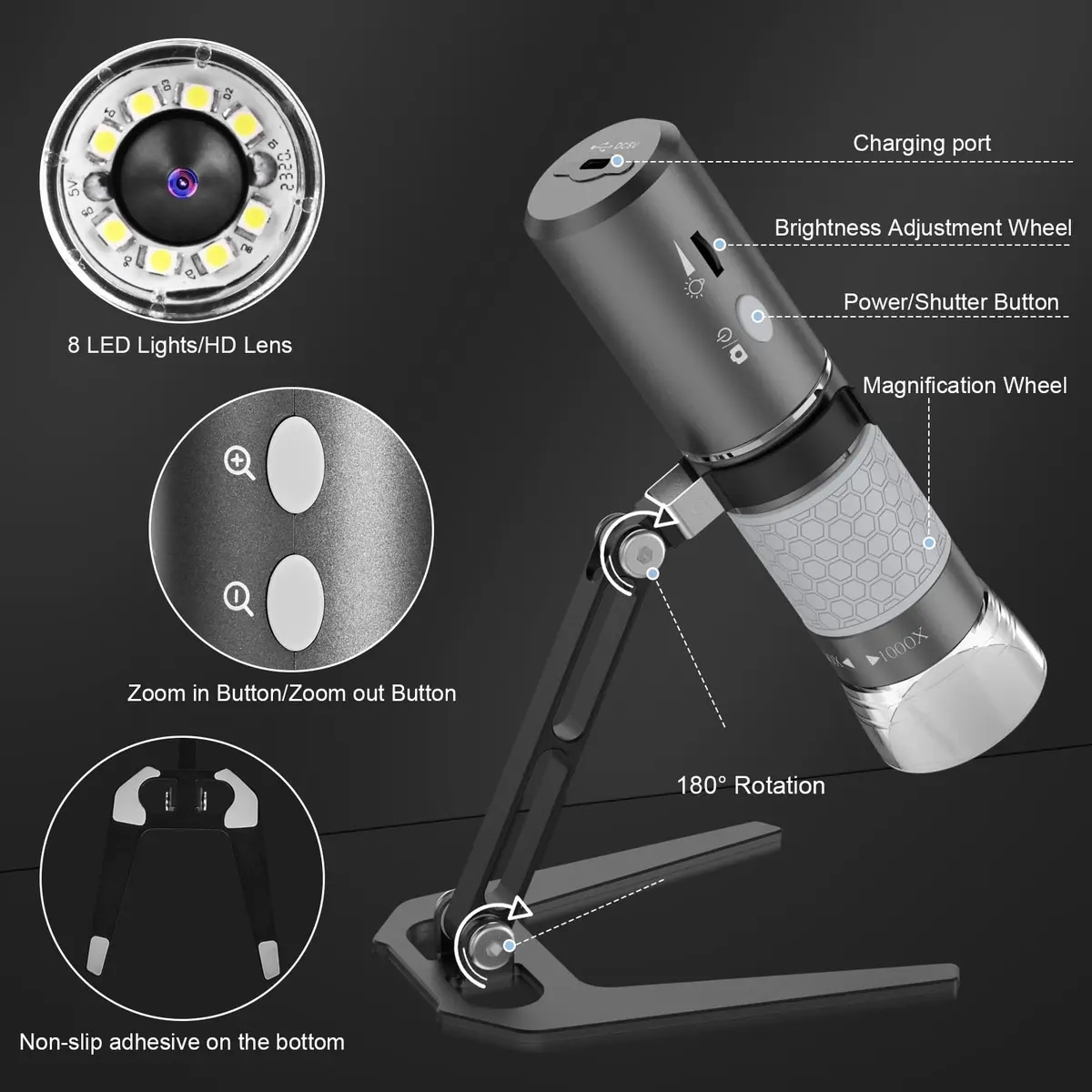 Ninyoon 4K WiFi Microscope with Upgraded Stand, 50-1000X USB Digital Microscope for iPhone, Android, PC | HD Endoscope Camera with Wide Angle & Long Focal Length - view 7