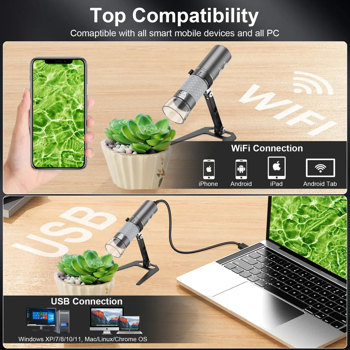 Ninyoon 4K WiFi Microscope with Upgraded Stand, 50-1000X USB Digital Microscope for iPhone, Android, PC | HD Endoscope Camera with Wide Angle & Long Focal Length - view 4