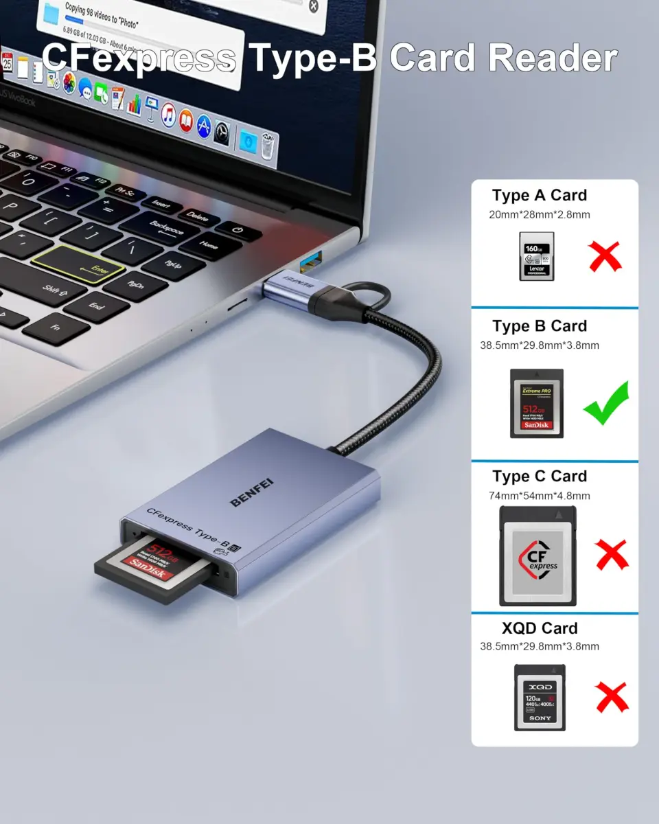 BENFEI CFexpress Type B Card Reader with USB 3.2 Gen 2 10Gbps | Portable Grey Adapter - view 2