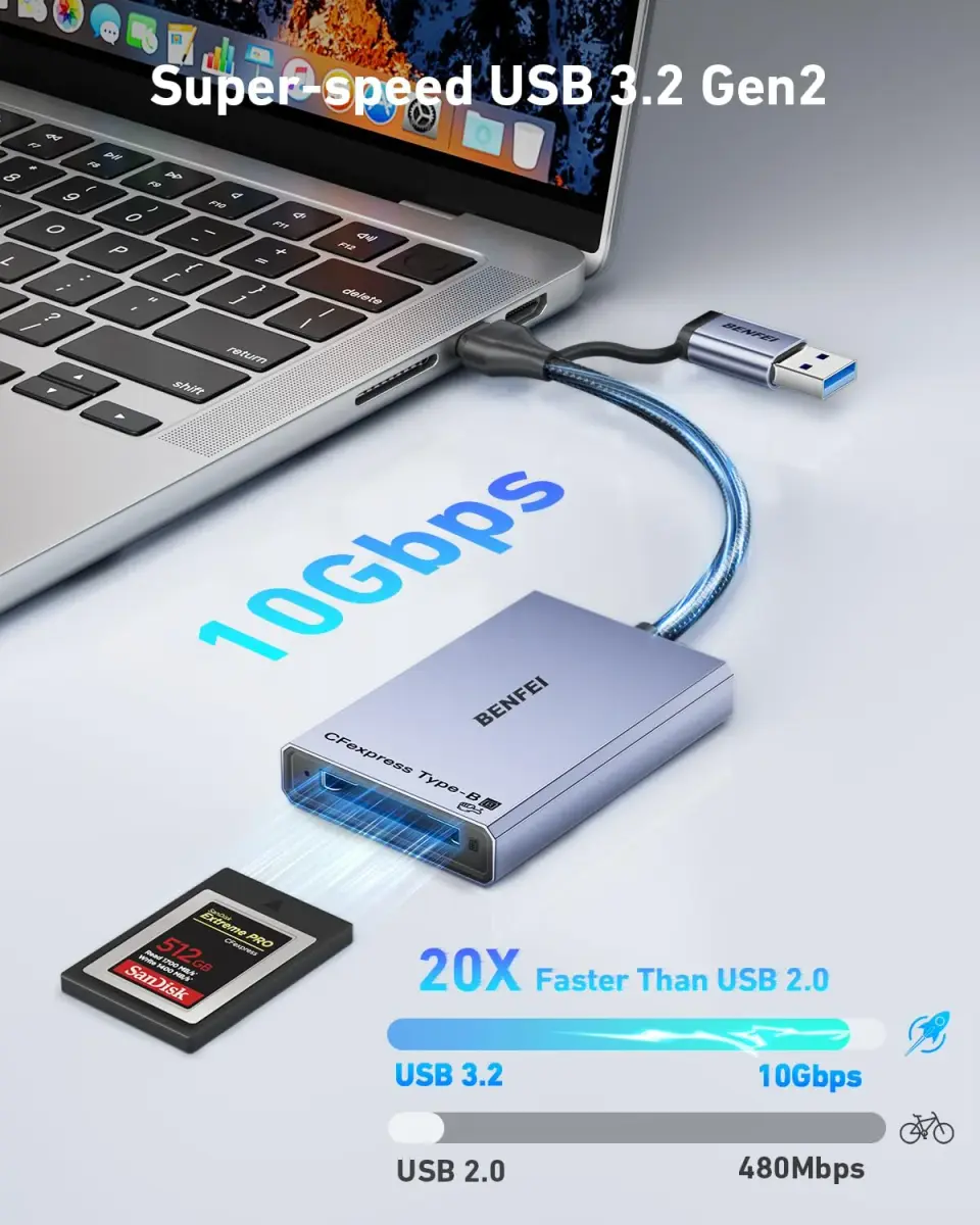 BENFEI CFexpress Type B Card Reader with USB 3.2 Gen 2 10Gbps | Portable Grey Adapter - view 3