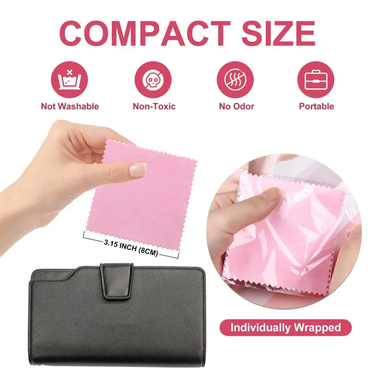 SEVENWELL 100pcs Pink Jewelry Cleaning Cloths 8cm x 8cm | Individually Wrapped Silver Polishing Towels - view 2
