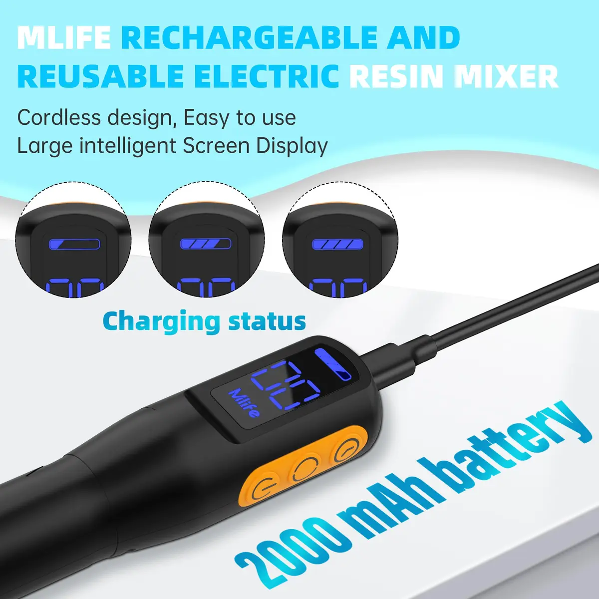 Mlife Upgraded Electric Resin Mixer with Stand & Timer | 2000mAh Rechargeable, 3-Speed, 20-Min Timer, Black - view 5