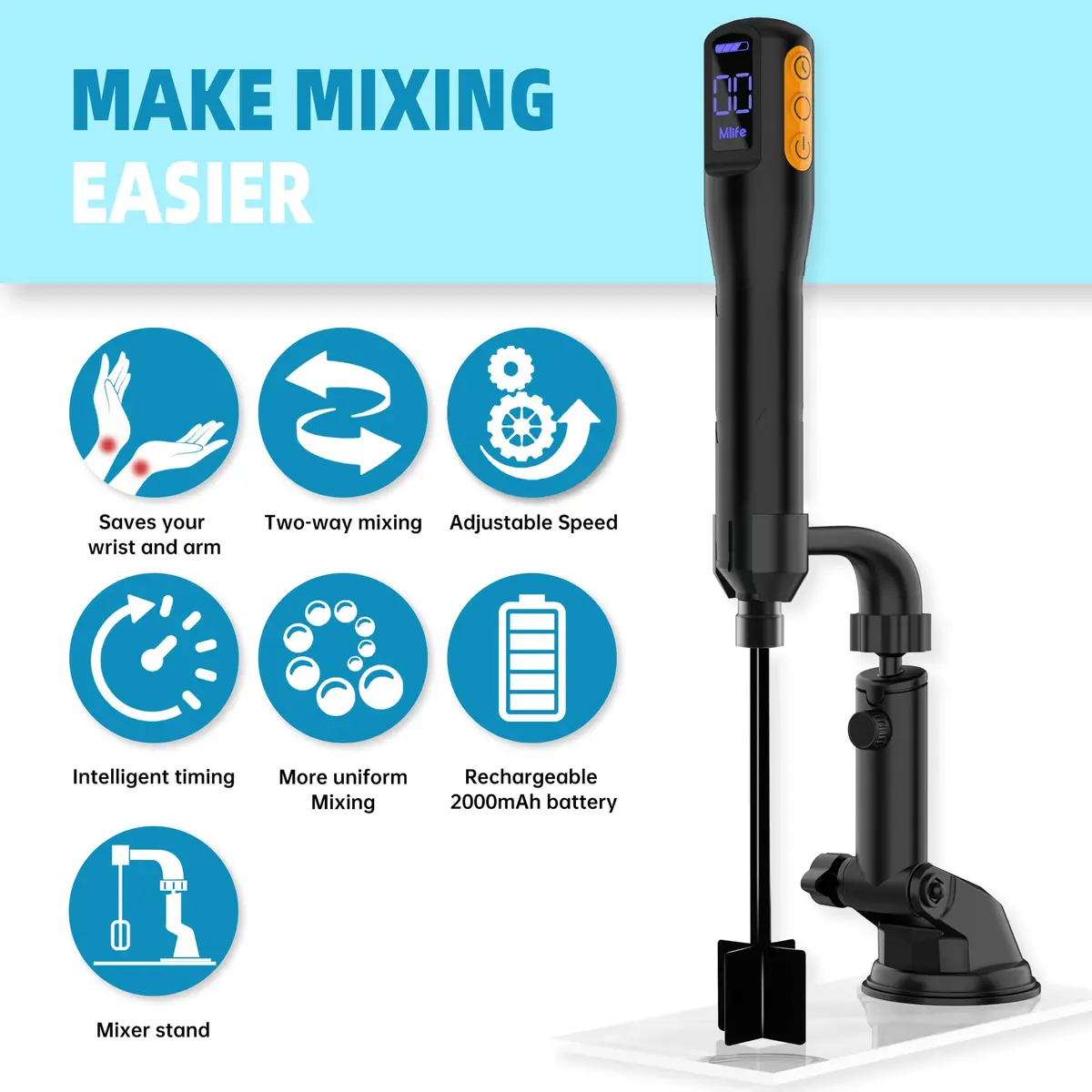 Mlife Upgraded Electric Resin Mixer with Stand & Timer | 2000mAh Rechargeable, 3-Speed, 20-Min Timer, Black - view 6