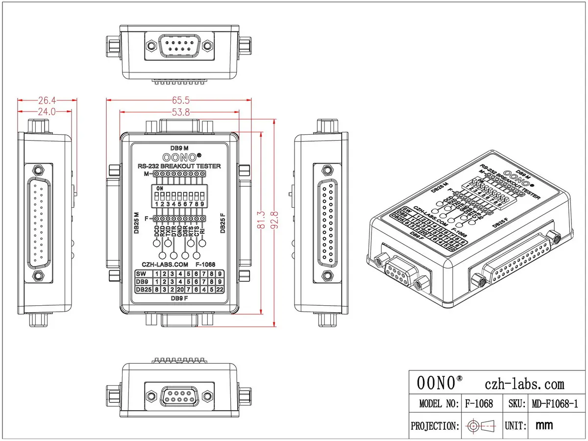 OONO RS232 Breakout Tester LED Monitor Module DB9M/F x DB25M/F, 1 Unit - view 6