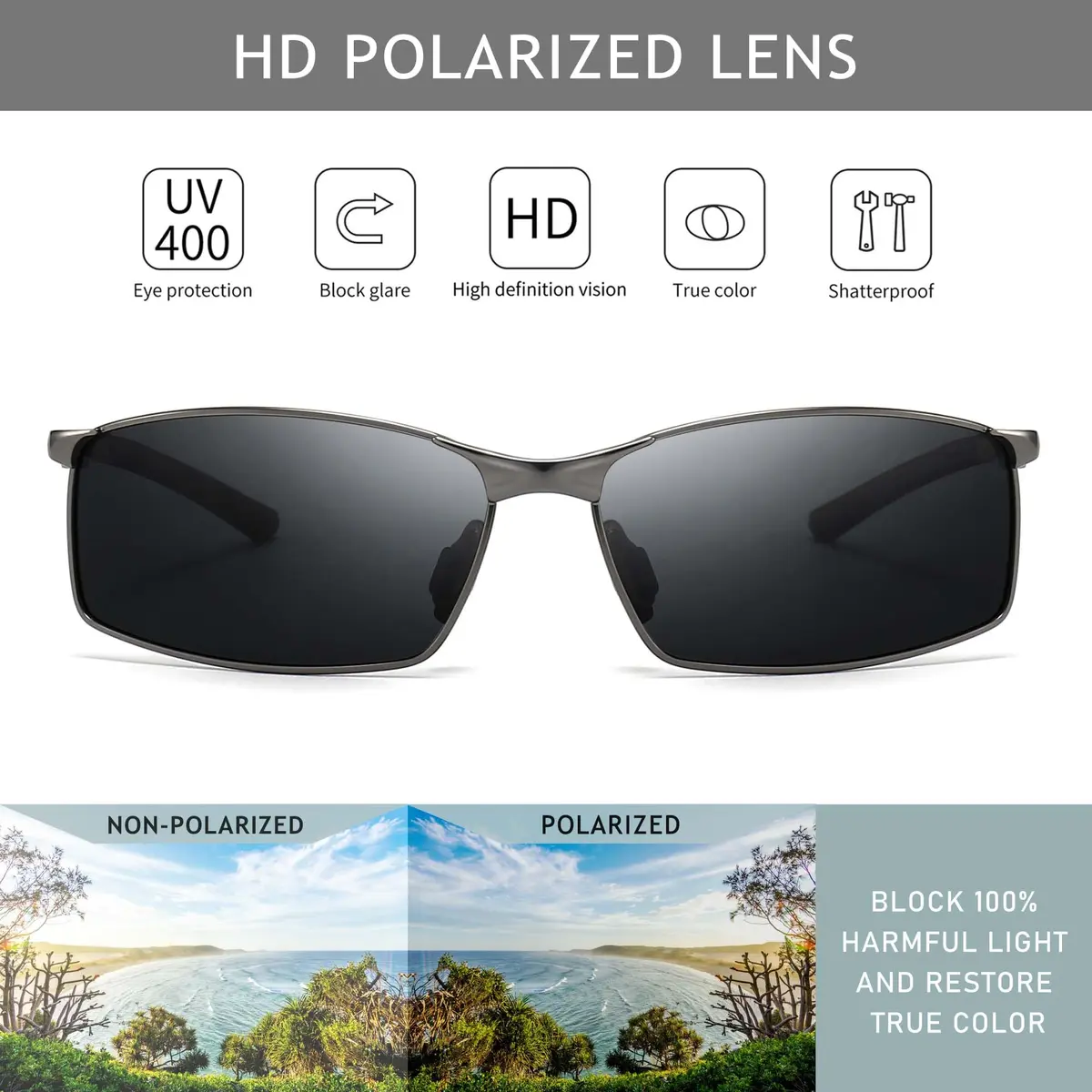 SUNGAIT SGT559-QH Polarized Sunglasses Men Rectangular Metal Frame with Spring Hinge | Stylish & Durable - view 2