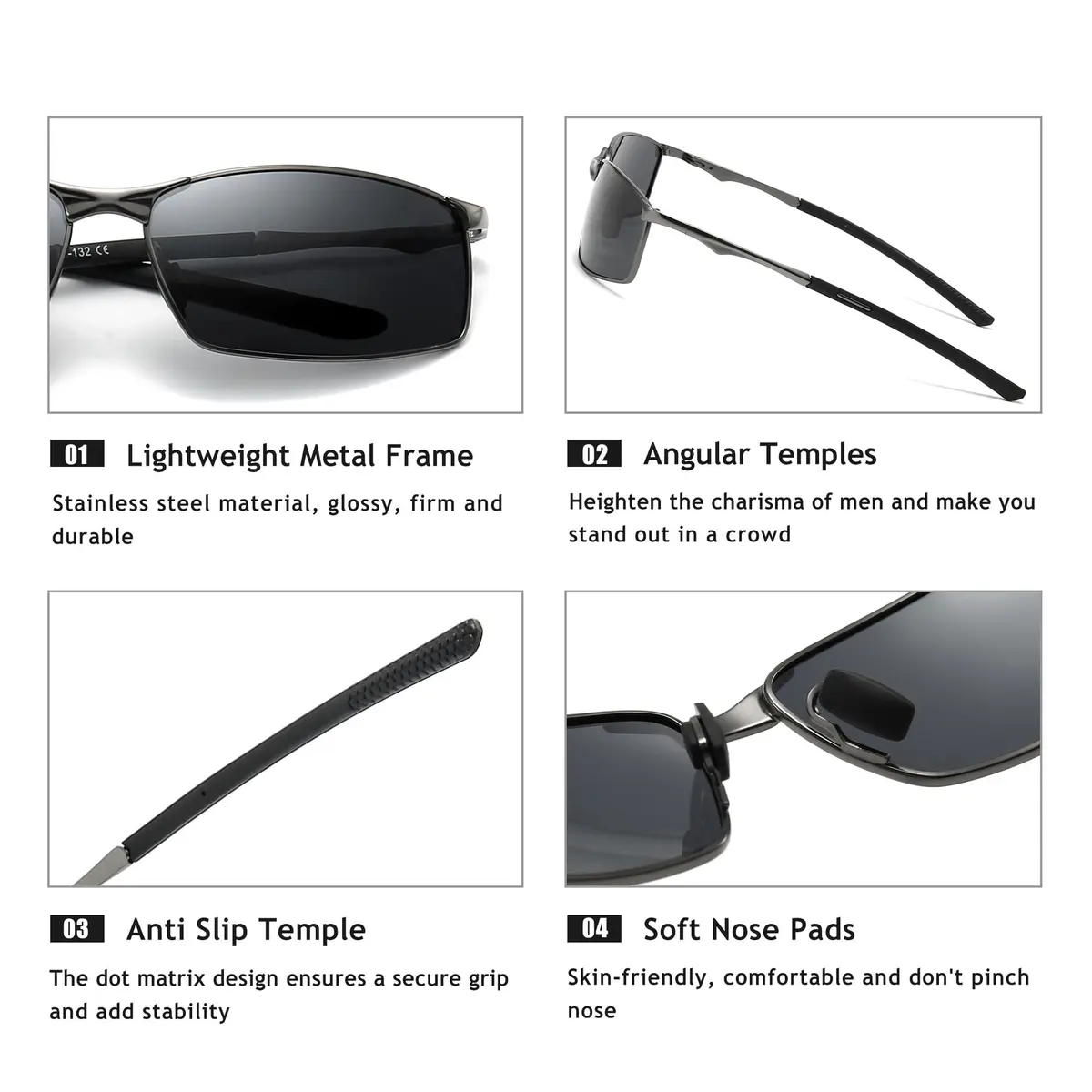 SUNGAIT SGT559-QH Polarized Sunglasses Men Rectangular Metal Frame with Spring Hinge | Stylish & Durable - view 3