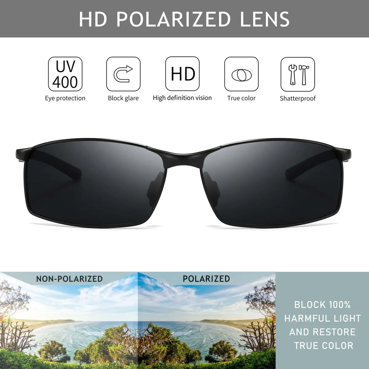 SUNGAIT Polarized Sunglasses Men Rectangular Metal Frame with Spring Hinge | UV Protection & Lightweight (70-120 chars) - view 2