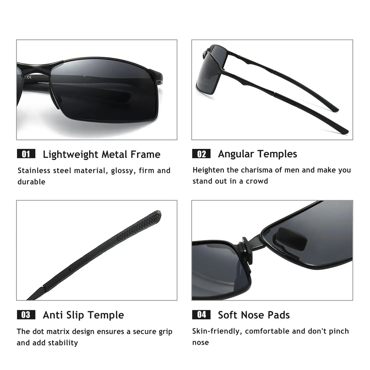 SUNGAIT Polarized Sunglasses Men Rectangular Metal Frame with Spring Hinge | UV Protection & Lightweight (70-120 chars) - view 3