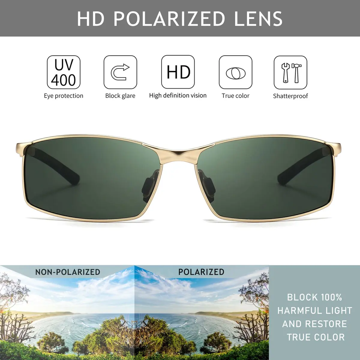 SUNGAIT SGT559-JKML Rectangular Polarized Sunglasses Men Lightweight Metal Frame - view 2