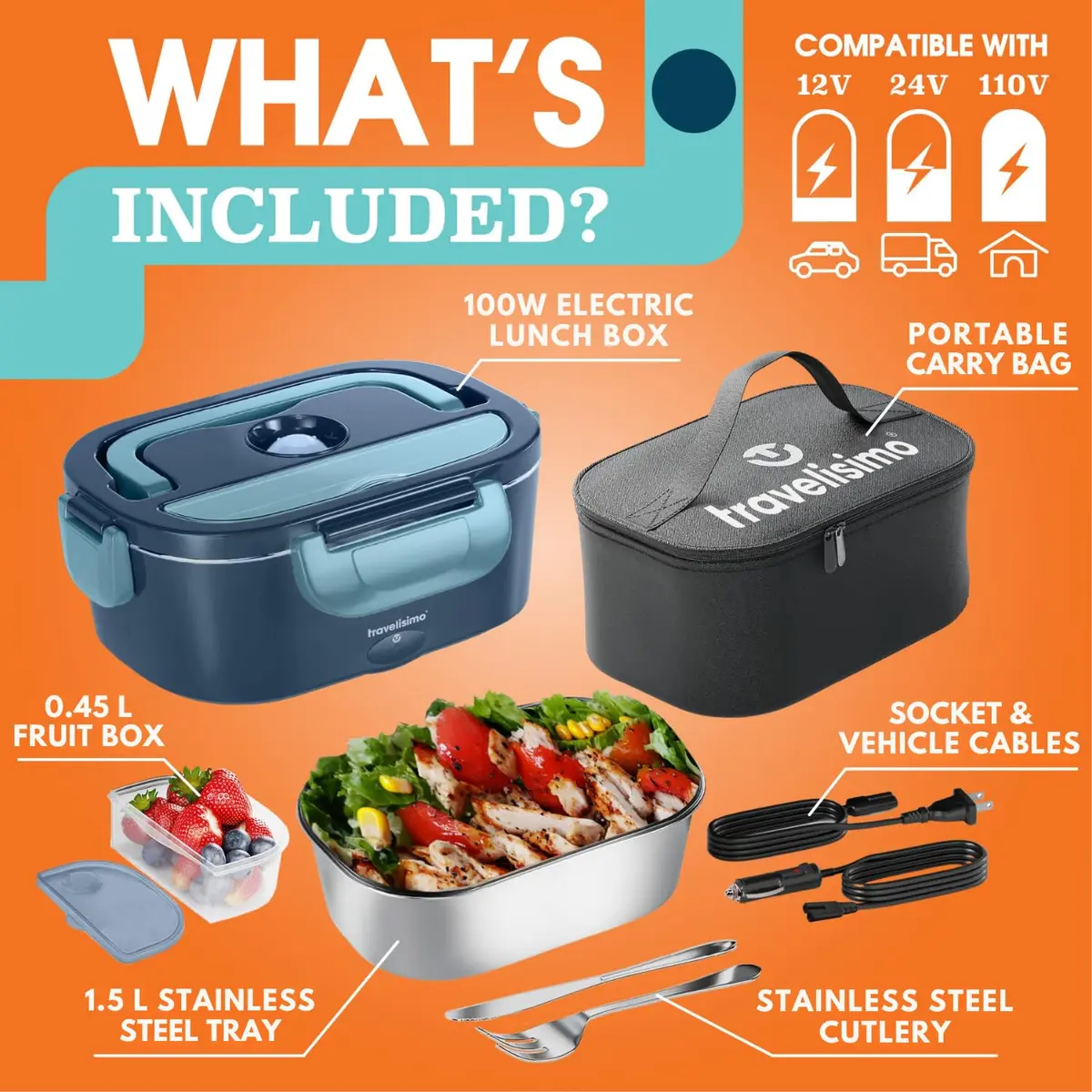 TRAVELISIMO Electric Lunch Box for Adults 1.5L | Self-Heating Food Warmer, 100W, Stainless Steel, 12/24/110V for Travel & Work - view 5