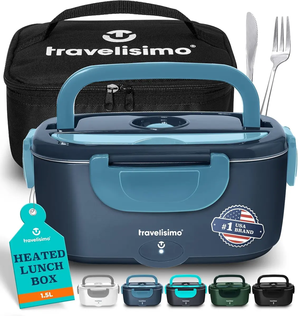 TRAVELISIMO Electric Lunch Box for Adults 1.5L | Self-Heating Food Warmer, 100W, Stainless Steel, 12/24/110V for Travel & Work - main product image