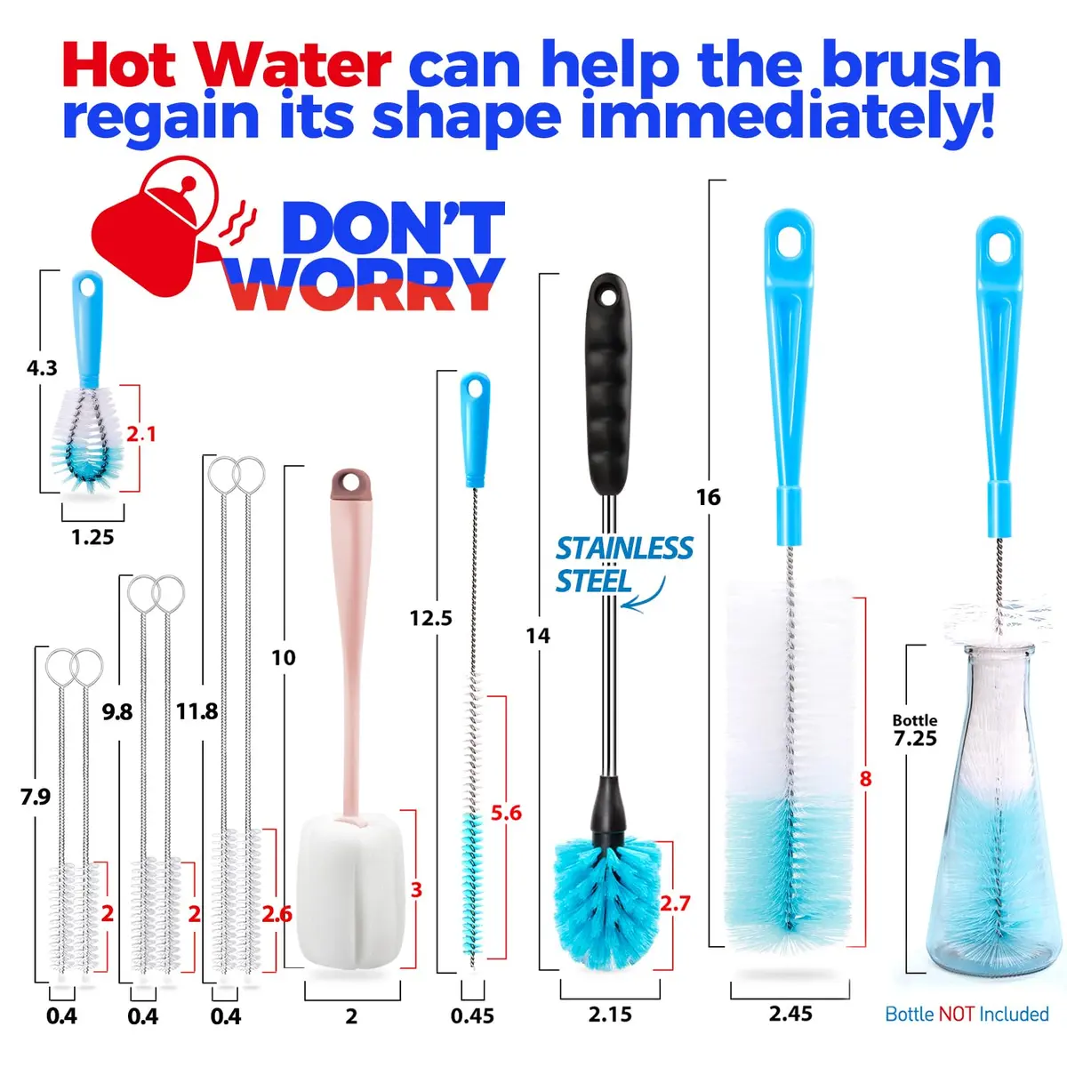 Holikme Bottle Brush Tube Cleaning Lab Set with Long Handle, Pink | Multi-Size Lab & Kitchen Brushes - view 6
