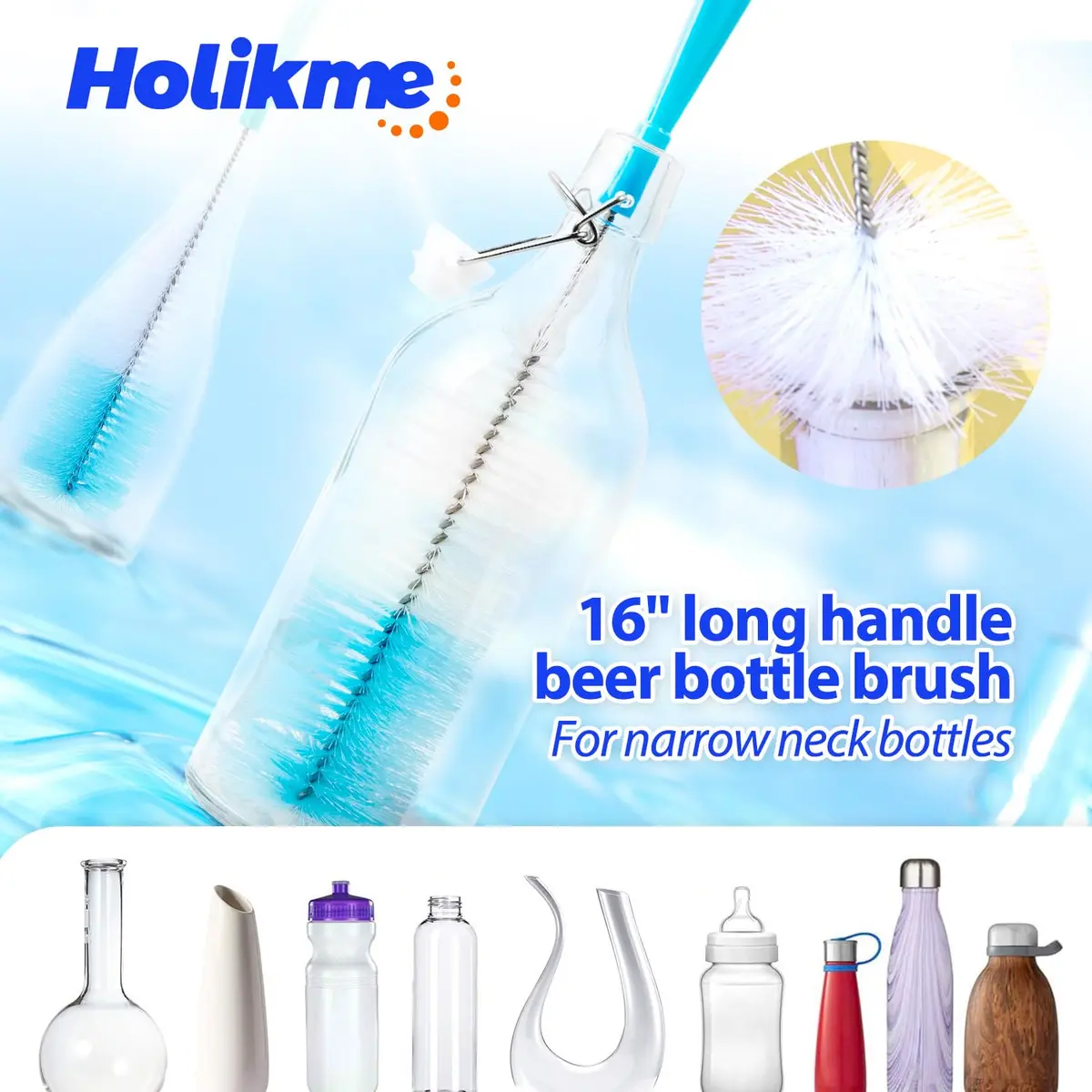 Holikme Bottle Brush Tube Cleaning Lab Set with Long Handle, Pink | Multi-Size Lab & Kitchen Brushes - view 3
