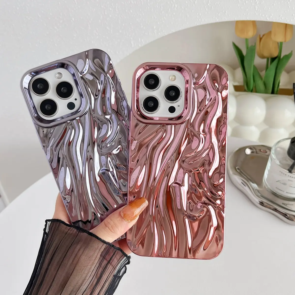 Caseative iPhone 15 Pro Max Pink Cell Phone Case, Water Ripple Silicone | Drop & Scratch Resistant - view 3