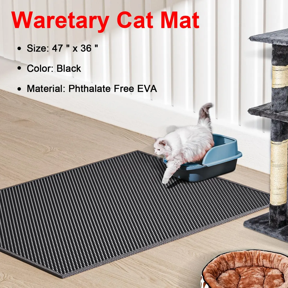 Waretary Cat Litter Mat, 47"x 36" Waterproof, Scatter Control, Black | XL Size, Easy to Clean, Paw-Friendly - view 2