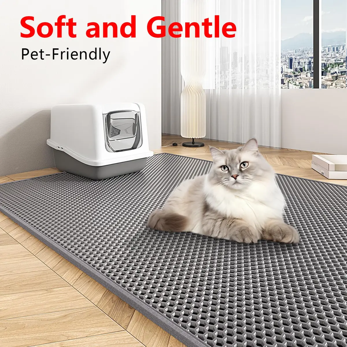 Waretary Cat Litter Mat, 47"x 36" Waterproof, Scatter Control, Grey | Large EVA Pet Mat for Clean Floors - view 6