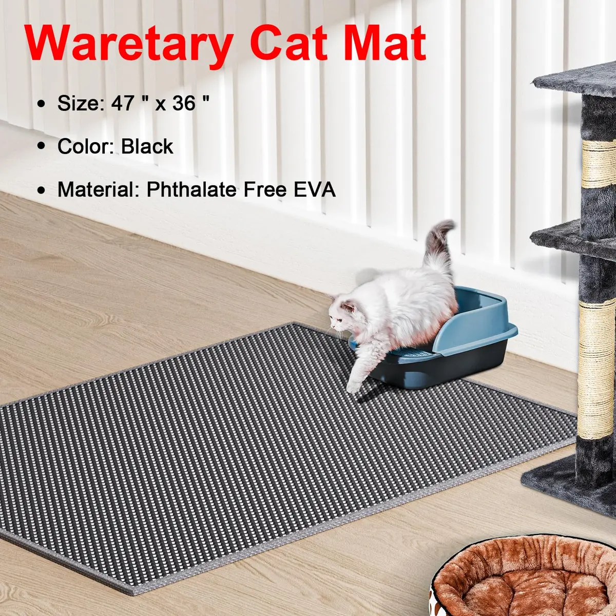 Waretary Cat Litter Mat, 47"x 36" Waterproof, Scatter Control, Grey | Large EVA Pet Mat for Clean Floors - view 2