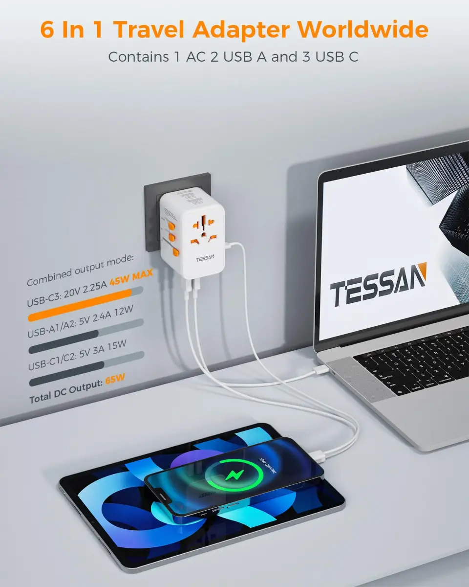 TESSAN Universal Travel Adapter GaN 65W 180g (6.3oz) | Worldwide Power Adapter for 224+ Countries - view 3