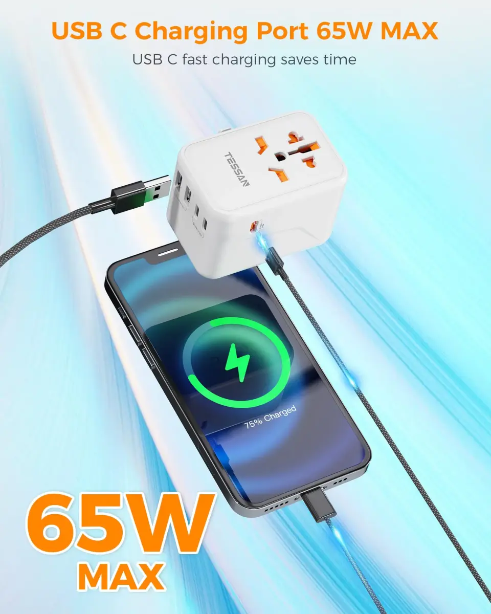 TESSAN Universal Travel Adapter GaN 65W 180g (6.3oz) | Worldwide Power Adapter for 224+ Countries - view 4