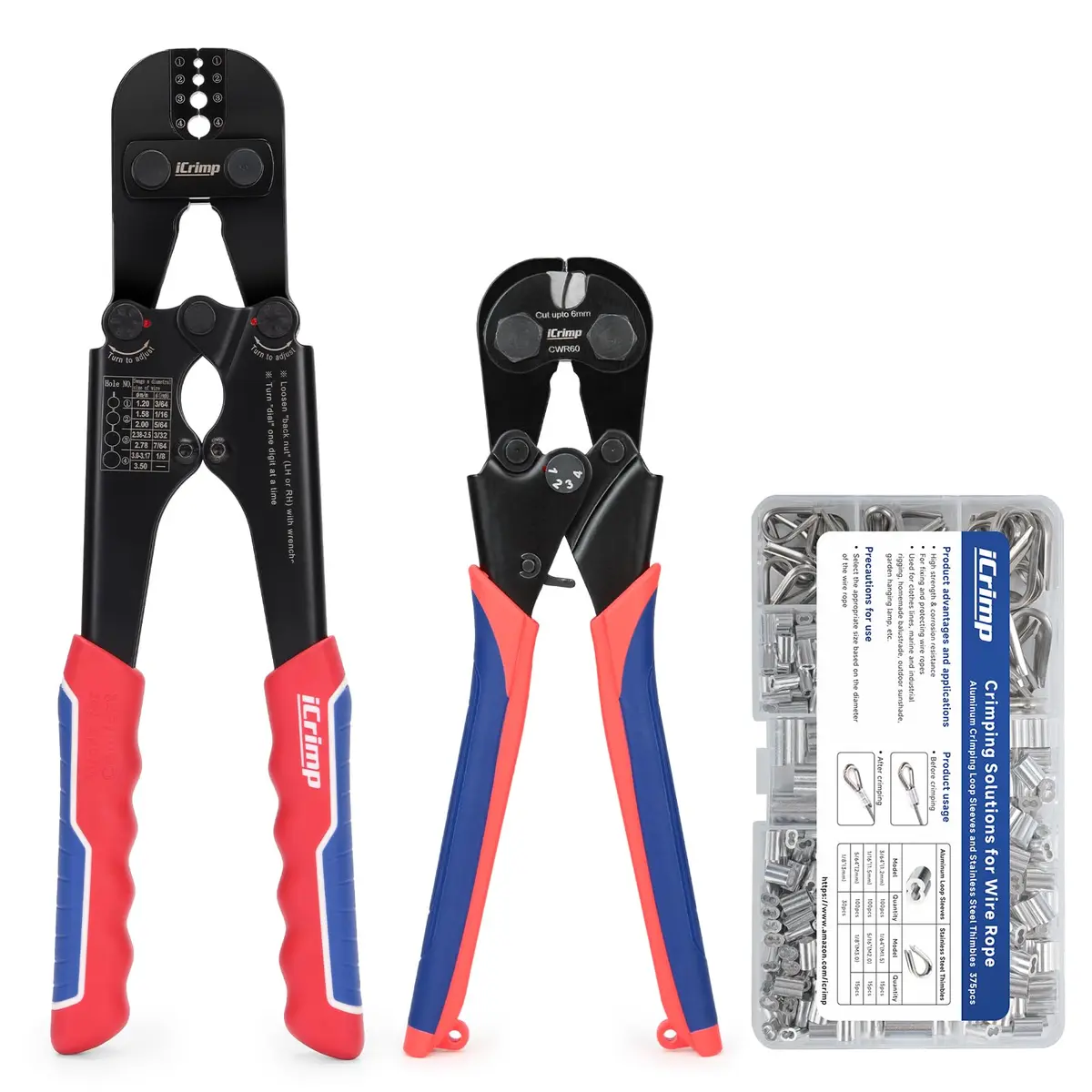 IWISS 1608M4 Wire Rope Crimper Kit with Cutter & Terminal Case, 3/64"–1/8" (1.2-3mm) | Crimps Oval, Double-Barrel, Copper Sleeves - main product image