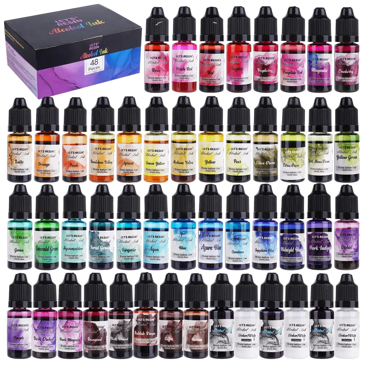 LET'S RESIN Concentrated Alcohol Ink Set 48 Colors (10ml/0.35oz Each) | Vibrant, Highly Pigmented for Resin Art - main product image