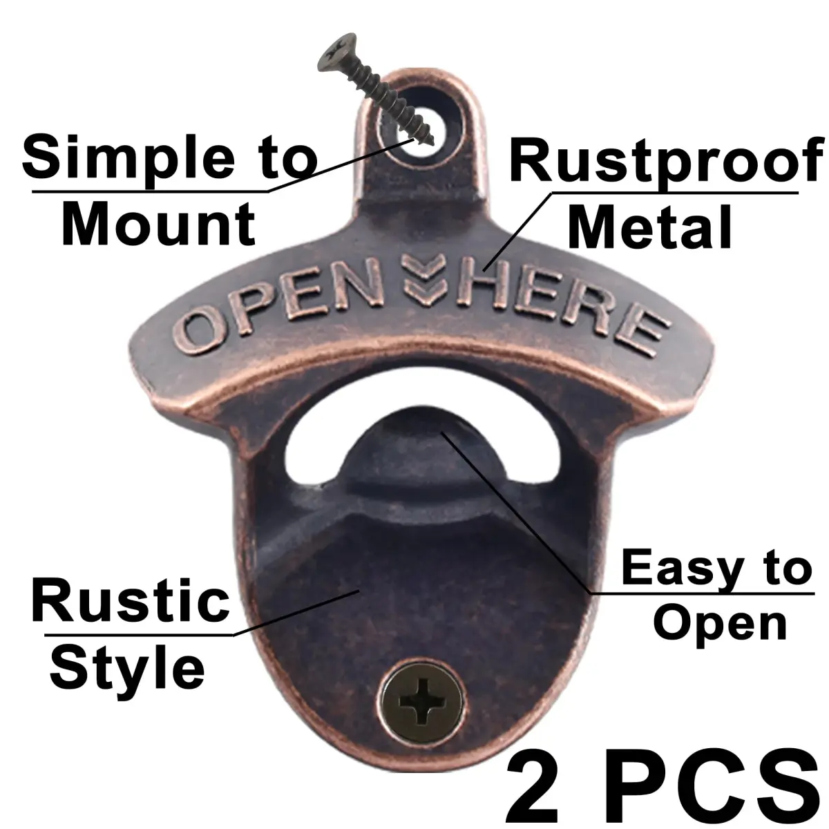 HAIICEN Vintage Copper Wall Mount Bottle Opener 2-Pack | Rustic Beer Cap Opener with Screws - view 2
