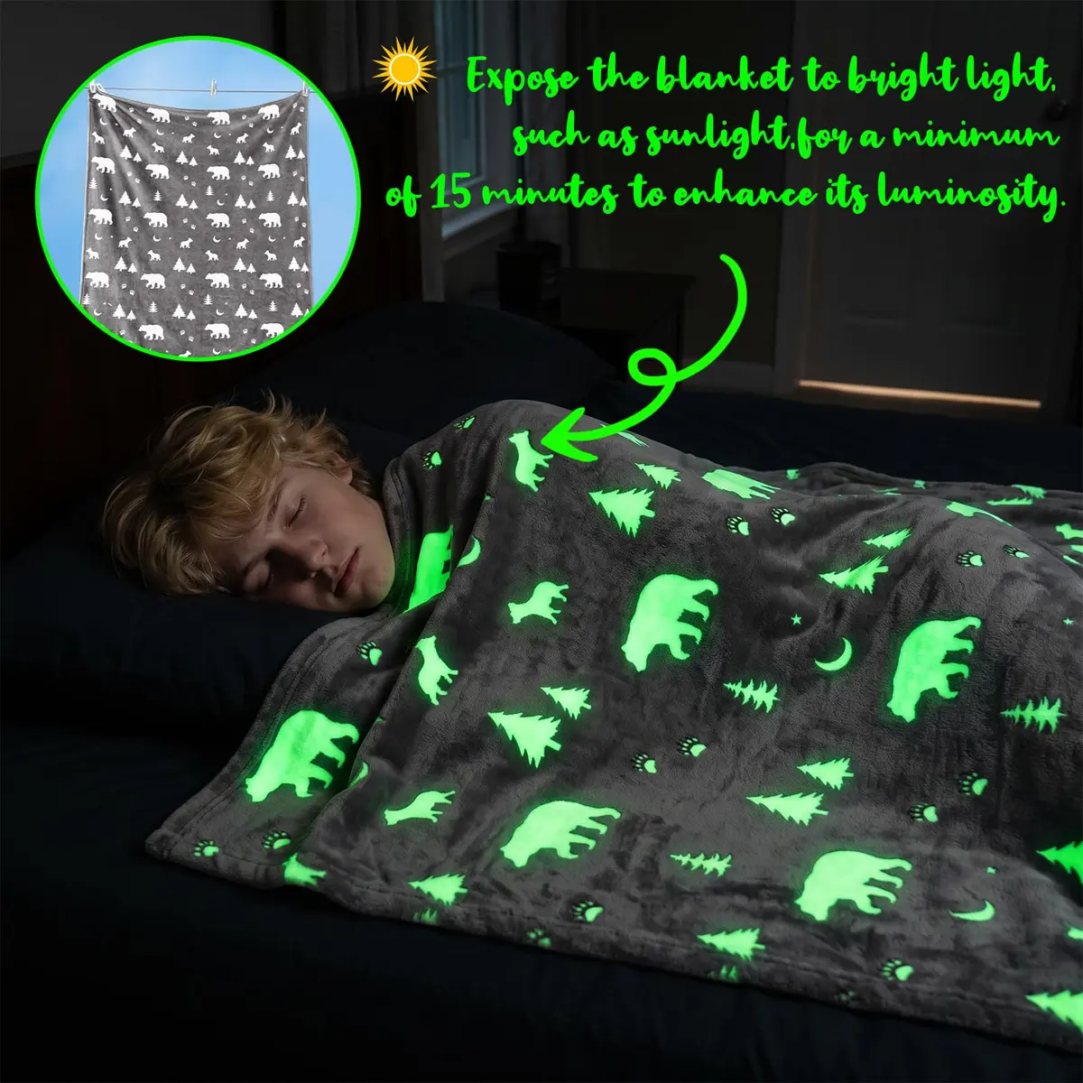 UOFON Glow Bear Throw Blanket 127x152 cm (50x60 inches) | Soft Plush Flannel for Kids & Women - view 3