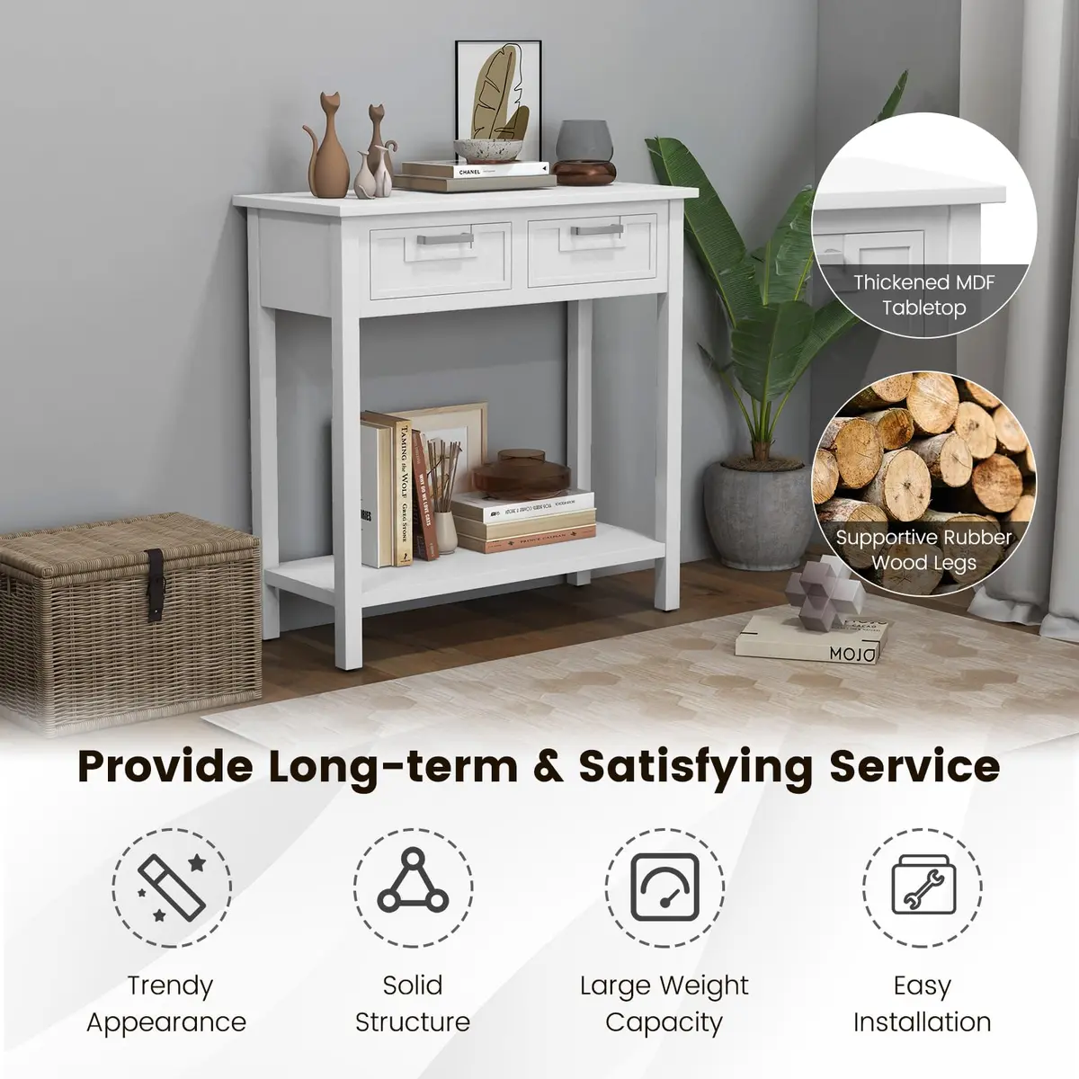 CLEEMAN White Table | Modern Console with 2 Drawers & Storage Shelf (14 in) - view 5