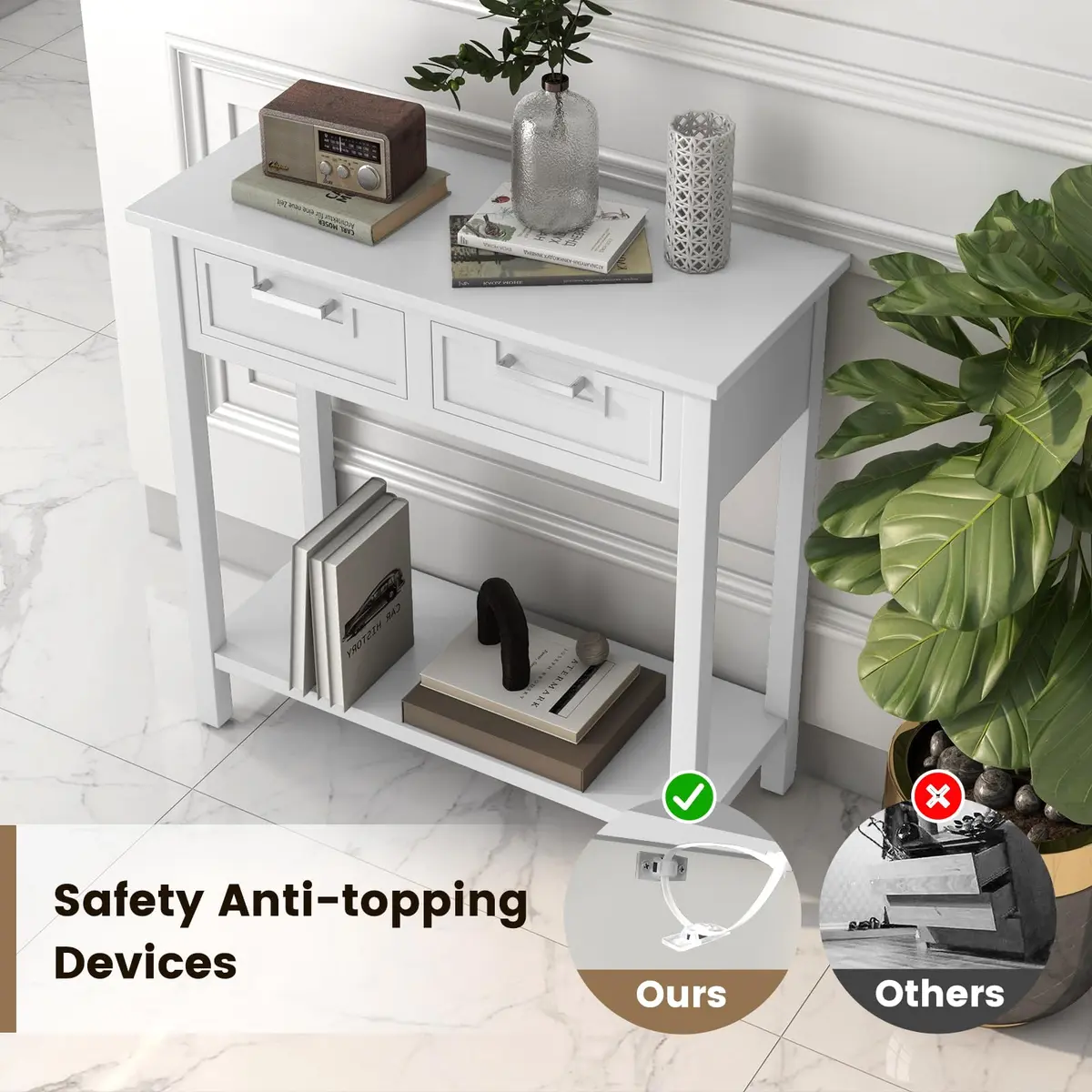 CLEEMAN White Table | Modern Console with 2 Drawers & Storage Shelf (14 in) - view 6