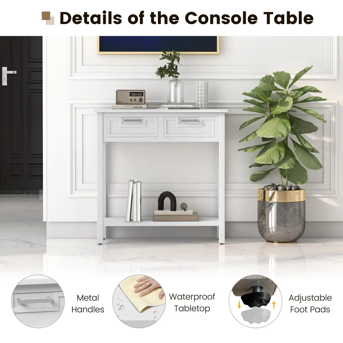 CLEEMAN White Table | Modern Console with 2 Drawers & Storage Shelf (14 in) - view 7