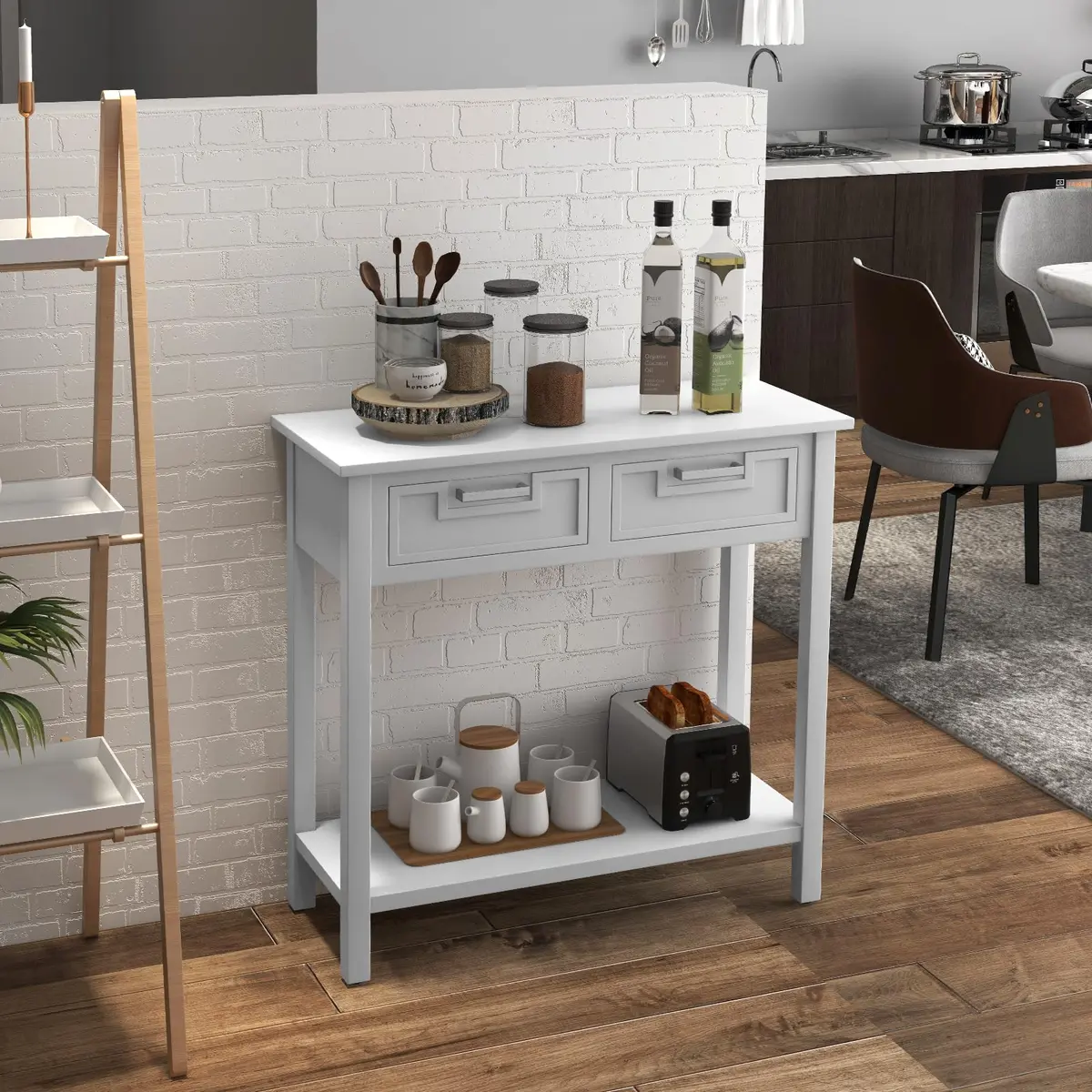 CLEEMAN White Table | Modern Console with 2 Drawers & Storage Shelf (14 in) - view 8