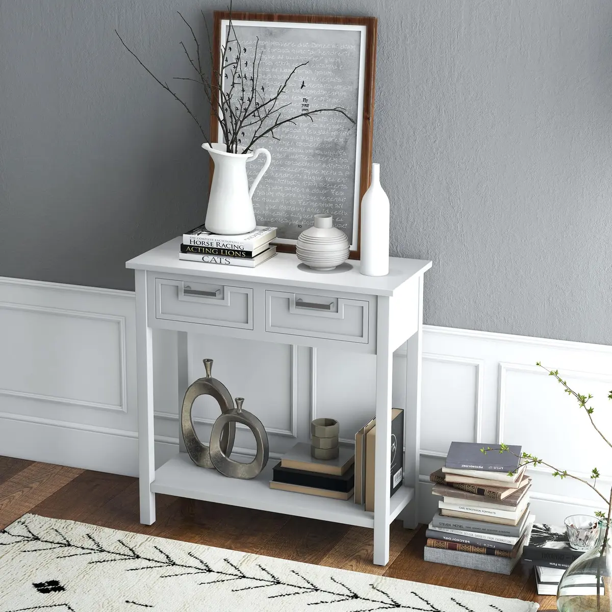CLEEMAN White Table | Modern Console with 2 Drawers & Storage Shelf (14 in) - view 9