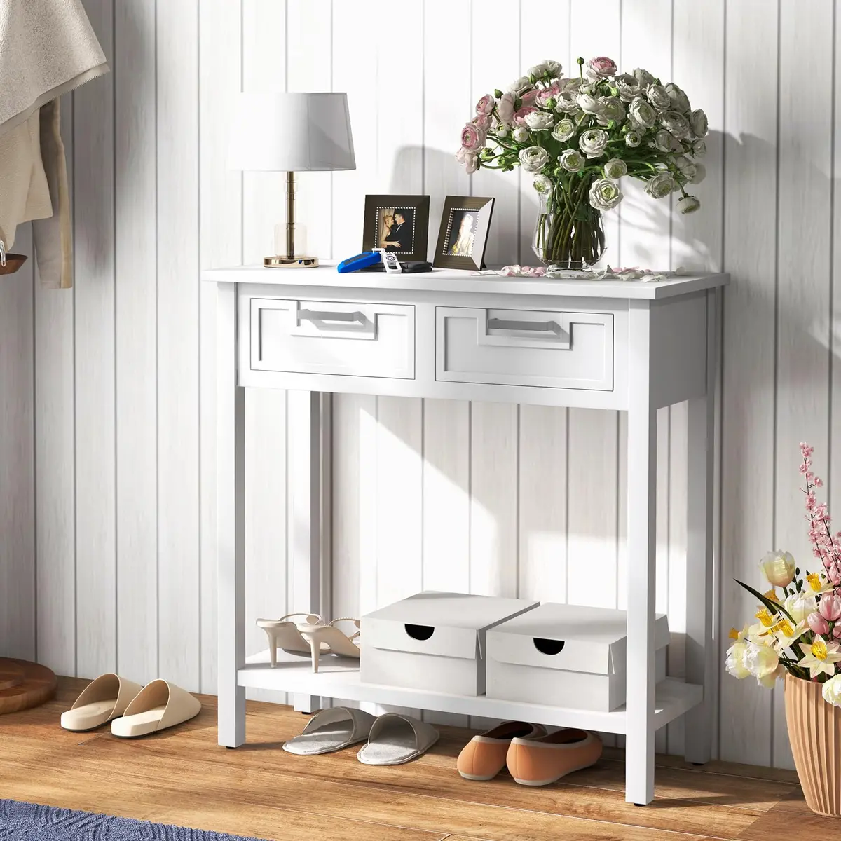 CLEEMAN White Table | Modern Console with 2 Drawers & Storage Shelf (14 in) - view 2