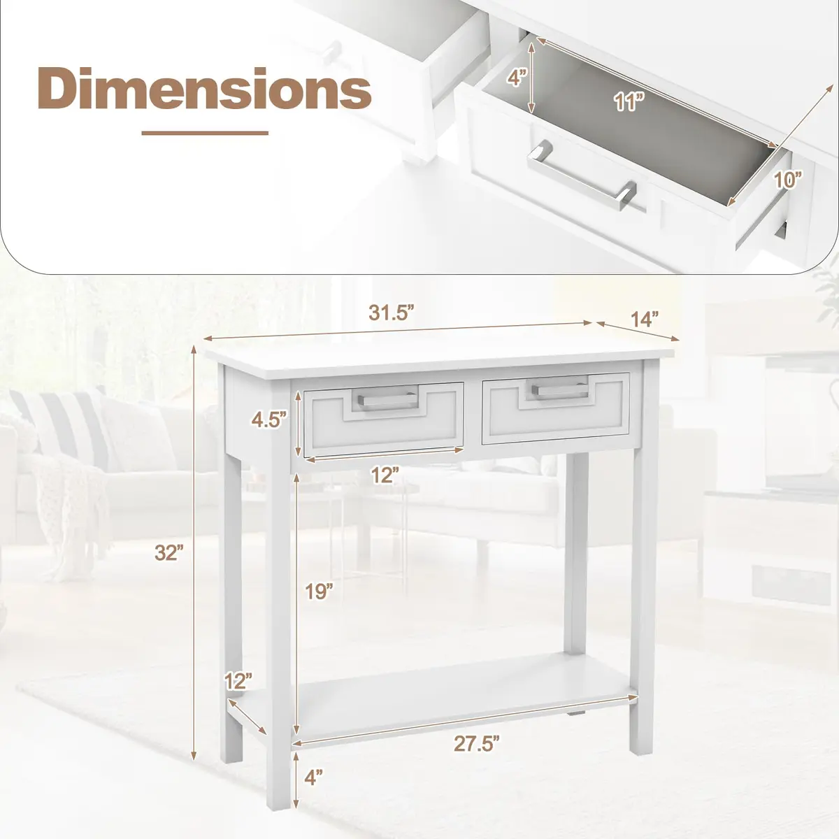 CLEEMAN White Table | Modern Console with 2 Drawers & Storage Shelf (14 in) - view 3