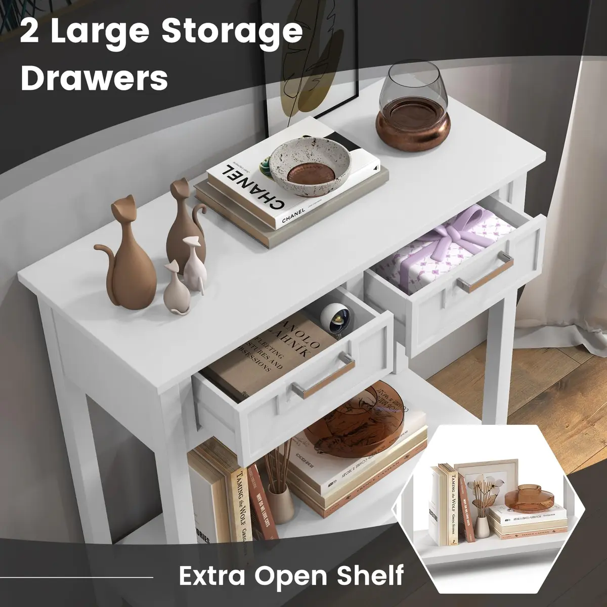 CLEEMAN White Table | Modern Console with 2 Drawers & Storage Shelf (14 in) - view 4