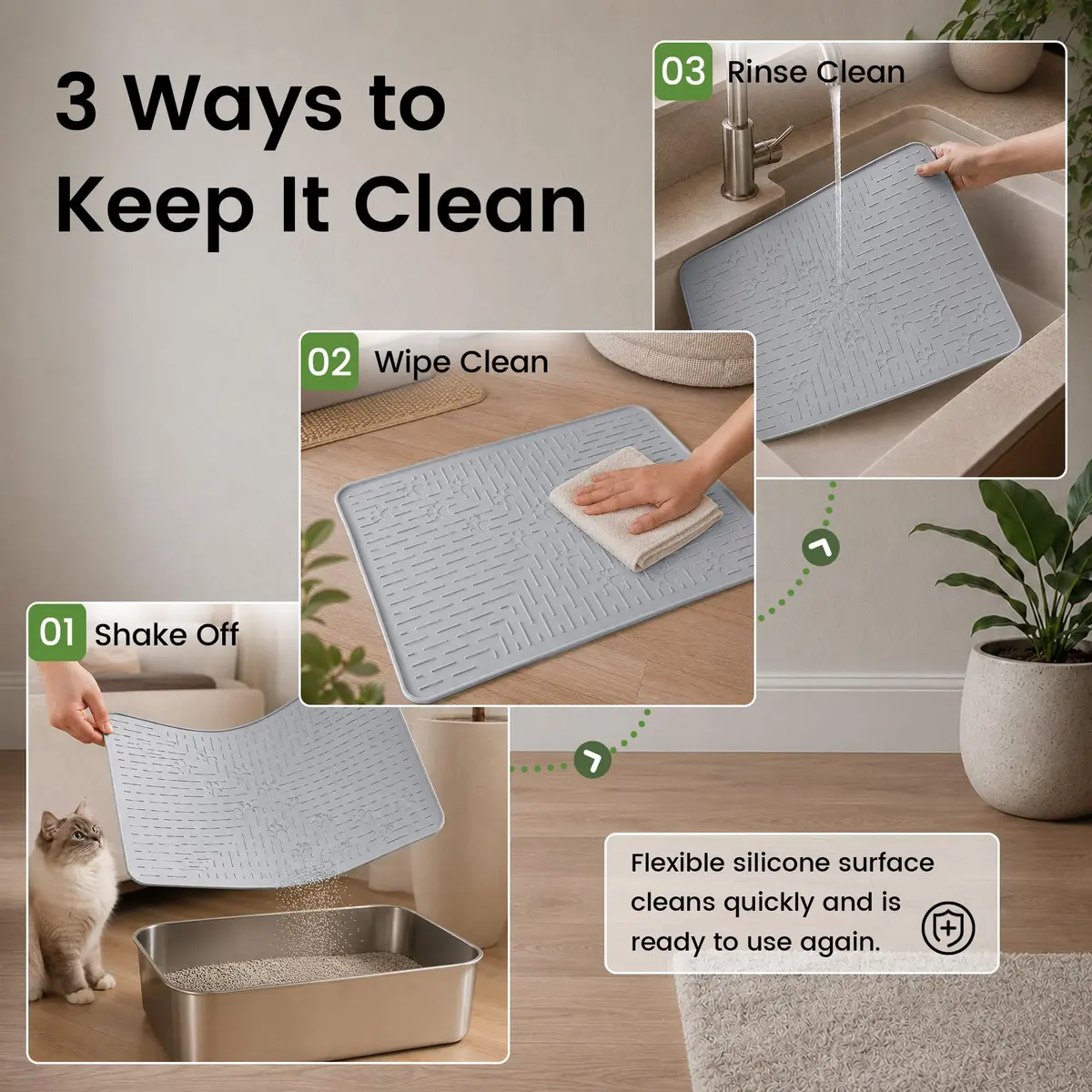 OHMO Cat Litter Mat, 23.5x16 Silicone Trapping Mat Ash Grey | Waterproof & Easy Clean - view 6