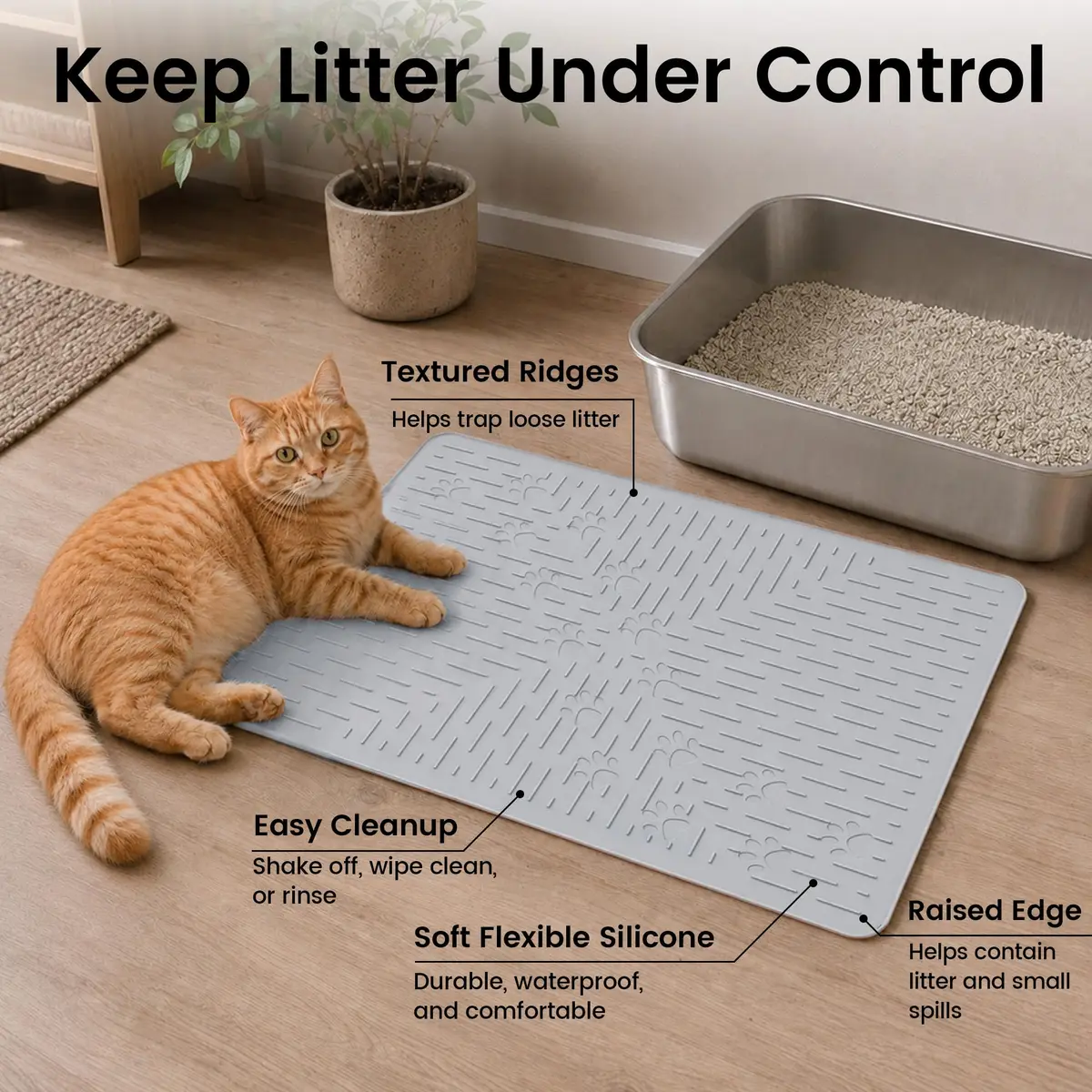 OHMO Cat Litter Mat, 23.5x16 Silicone Trapping Mat Ash Grey | Waterproof & Easy Clean - view 2