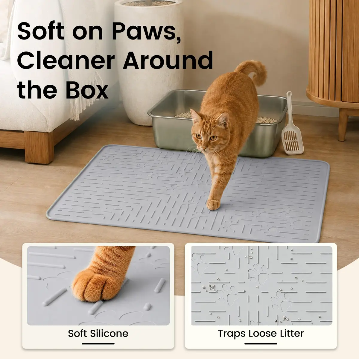 OHMO Cat Litter Mat, 23.5x16 Silicone Trapping Mat Ash Grey | Waterproof & Easy Clean - view 3