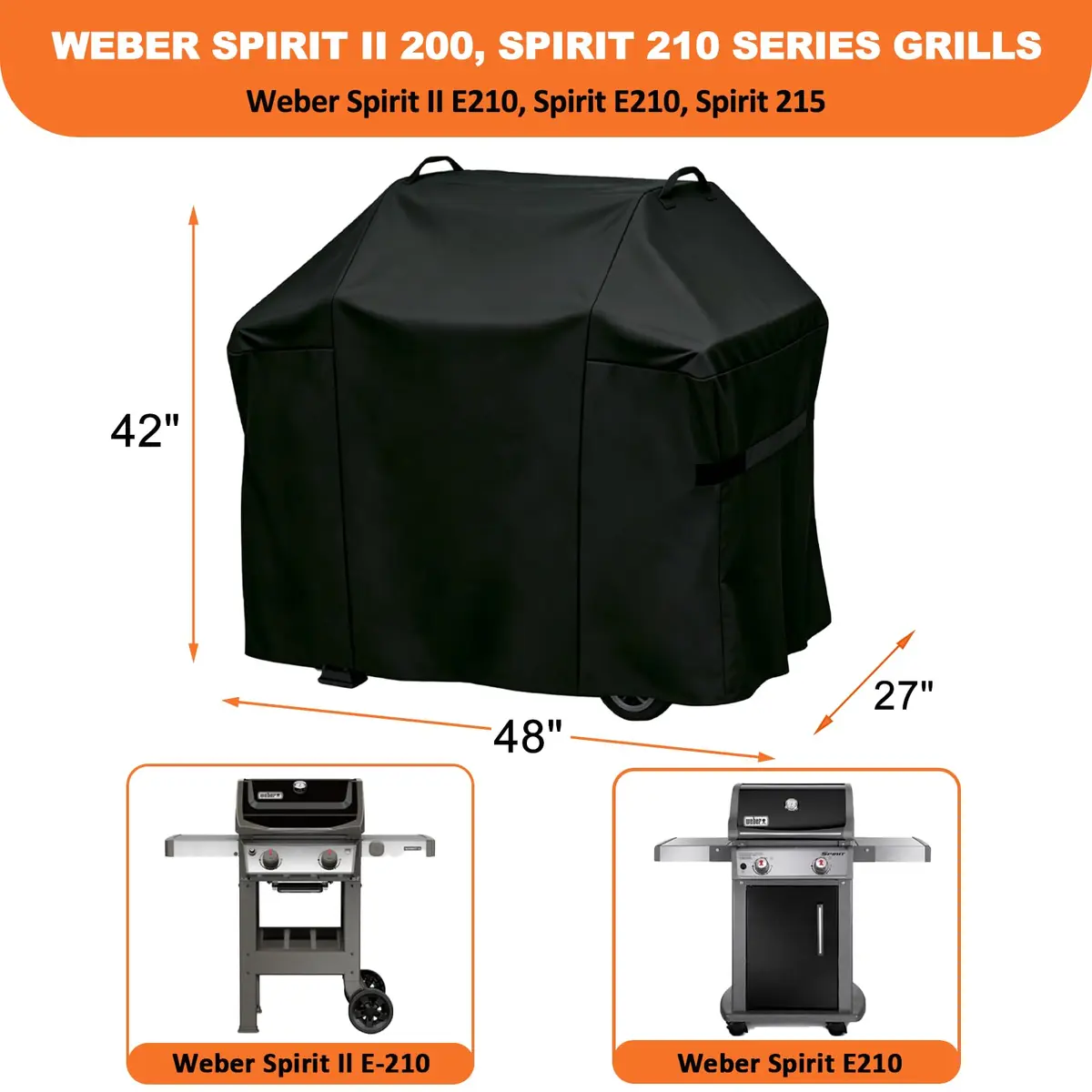 Blackhoso 48" Grill Cover for Weber Spirit II 200/210 Series, 122cm x 69cm x 107cm | Heavy Duty 600D Oxford Waterproof Grill Protection - view 2