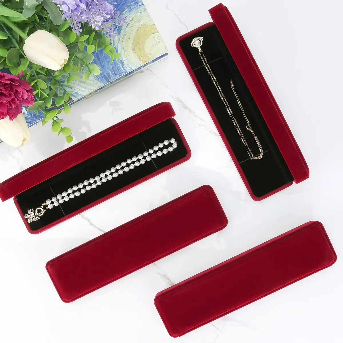 LETURE Red Velvet Bracelet Necklace Pendant Jewelry Box, 22cm (8.6in) Gift Box for Proposal, Wedding, Engagement, Christmas (4-Pack) - view 6