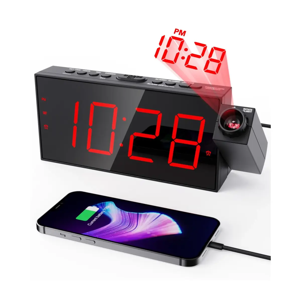 OnLyee Projection Alarm Clock for Bedroom Ceiling, 180° Projector, Dual Alarm, 7-Inch Red LED Display | Modern Design with USB Charging - main product image
