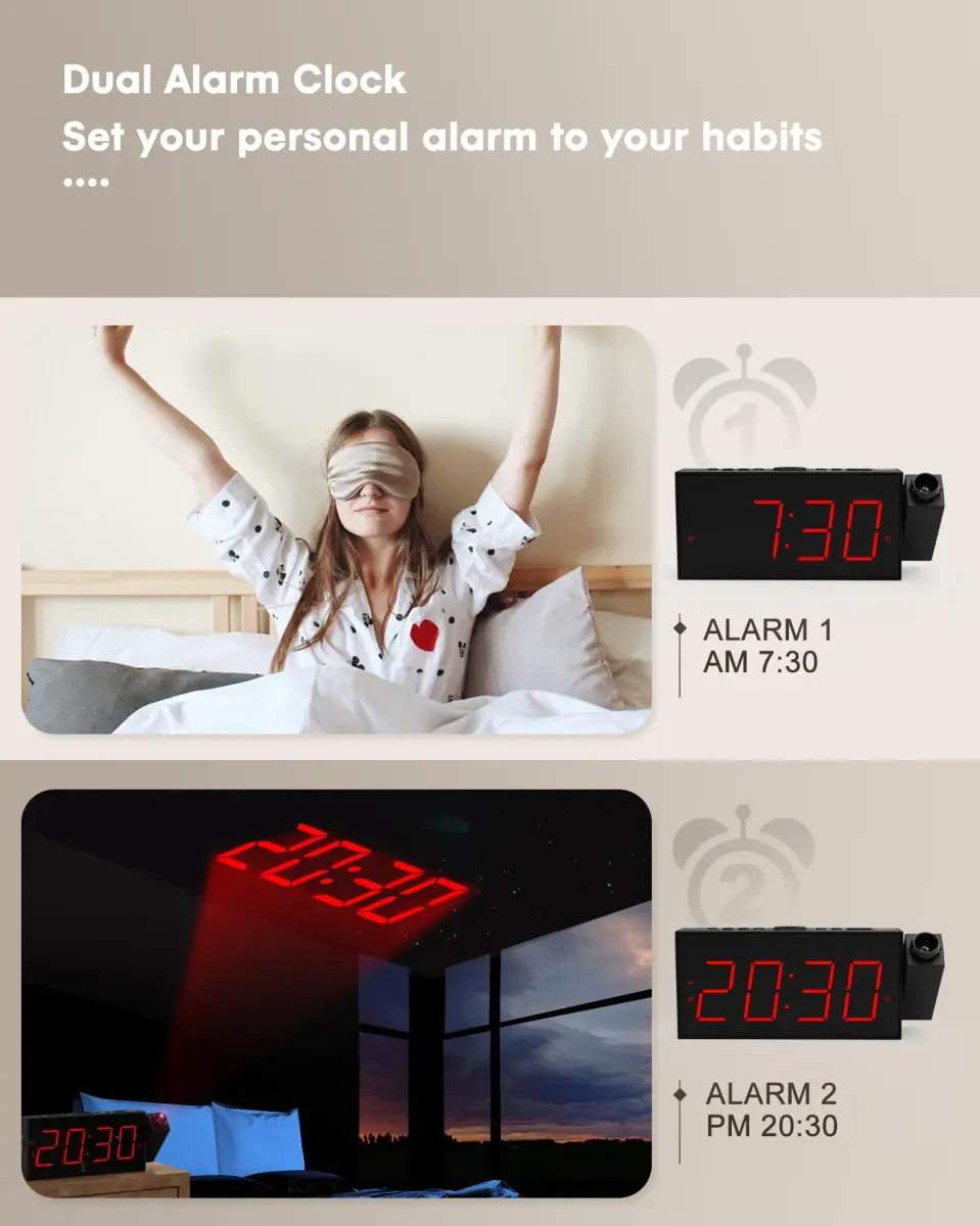 OnLyee Projection Alarm Clock for Bedroom Ceiling, 180° Projector, Dual Alarm, 7-Inch Red LED Display | Modern Design with USB Charging - view 5