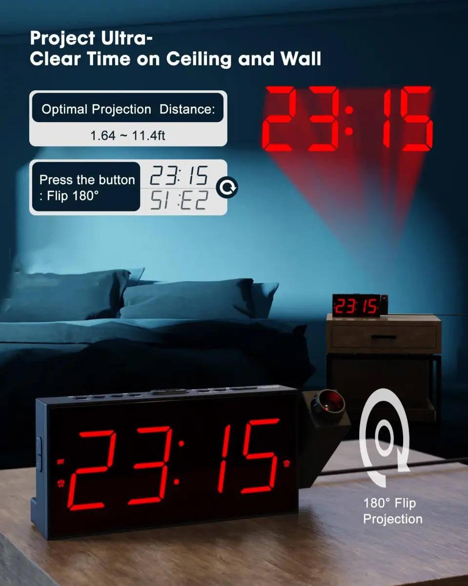 OnLyee Projection Alarm Clock for Bedroom Ceiling, 180° Projector, Dual Alarm, 7-Inch Red LED Display | Modern Design with USB Charging - view 2