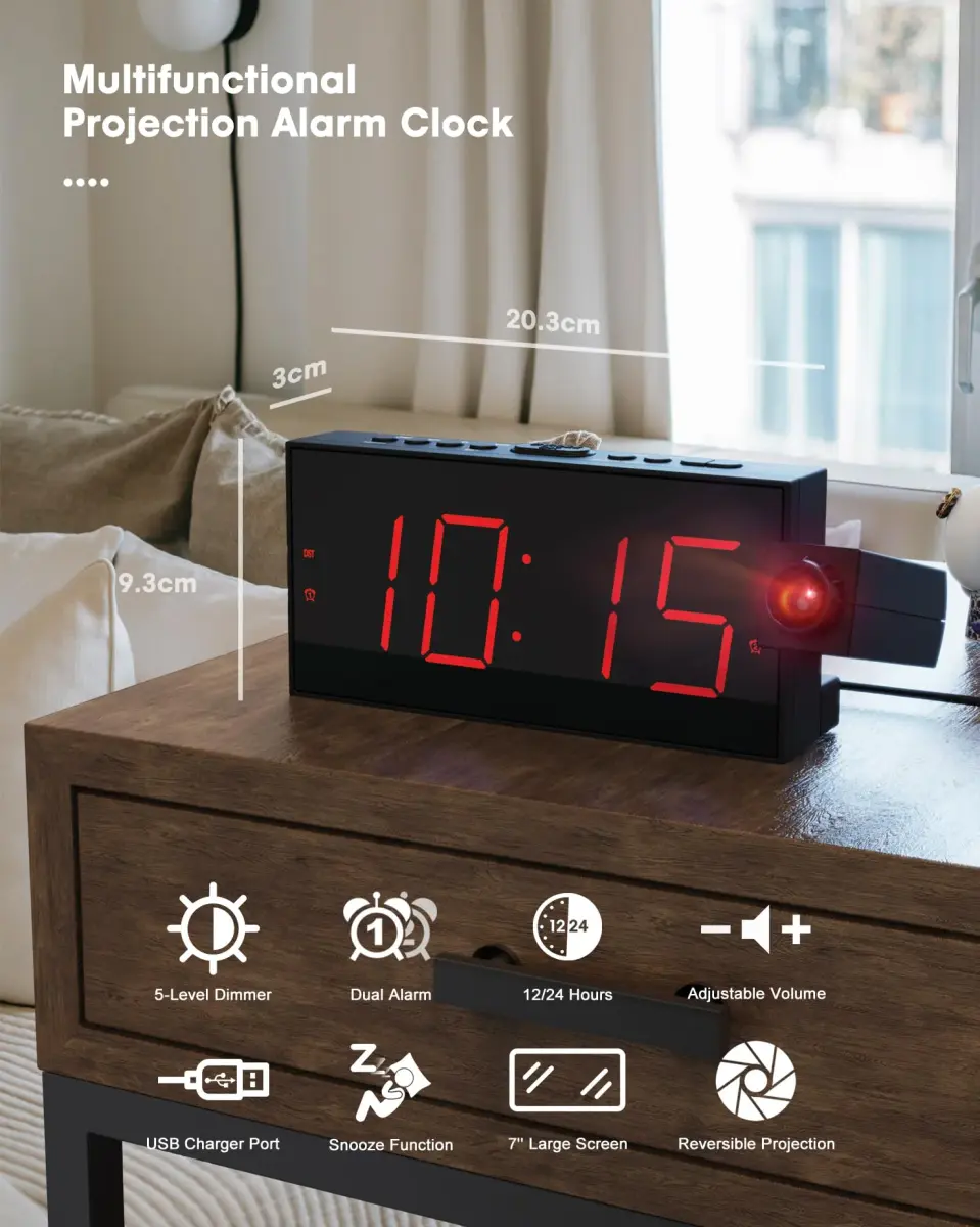 OnLyee Projection Alarm Clock for Bedroom Ceiling, 180° Projector, Dual Alarm, 7-Inch Red LED Display | Modern Design with USB Charging - view 3