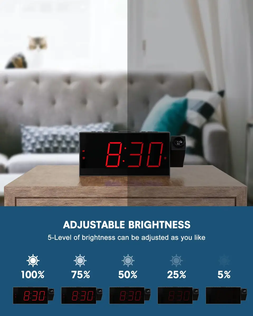 OnLyee Projection Alarm Clock for Bedroom Ceiling, 180° Projector, Dual Alarm, 7-Inch Red LED Display | Modern Design with USB Charging - view 4