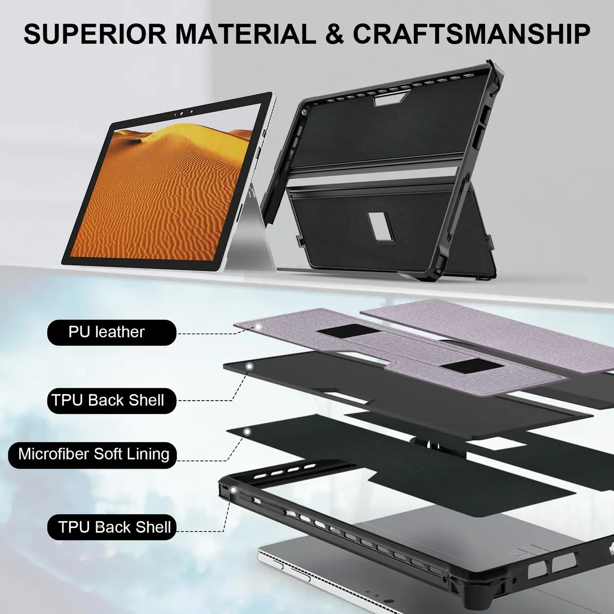 YORUNOHOSHI Rugged Case for 12.3" Microsoft Surface Pro 7+/7/6/5/4 with Pen Holder & Hand Strap (Light Purple) | Drop Protection & Type Cover Compatible - view 4