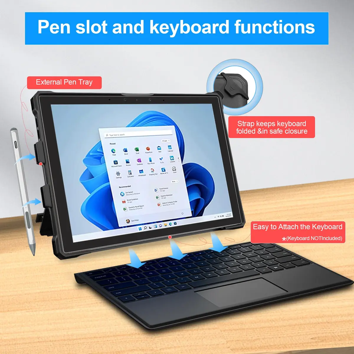 YORUNOHOSHI Case for 12.3" Microsoft Surface Pro 7+/7/6/5/4 | Rugged Cover with Pen Holder & Hand Strap (Black) - view 4